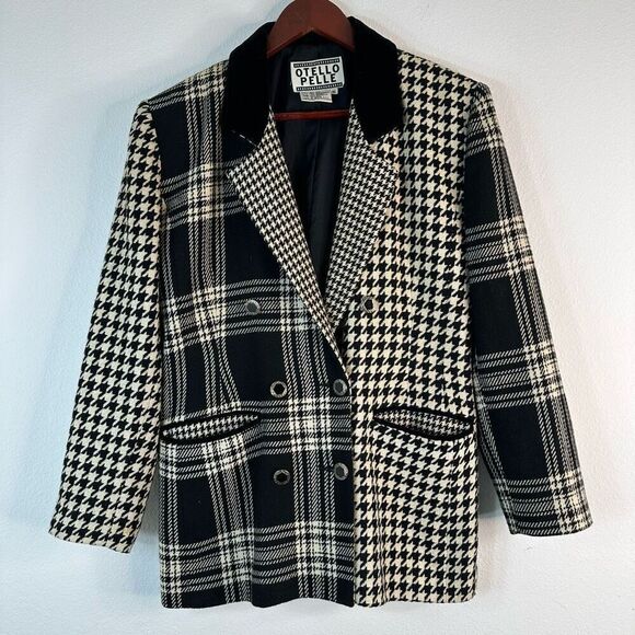 Vintage Otello Pelle Wool Blend Houndstooth Plaid Mixed Print Blazer Womens - Picture 1 of 9